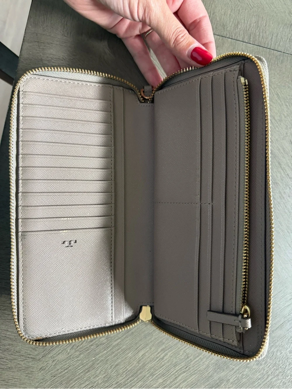 Tory Burch Zip-Around Continental Wallet in Light Gray with Gold Logo